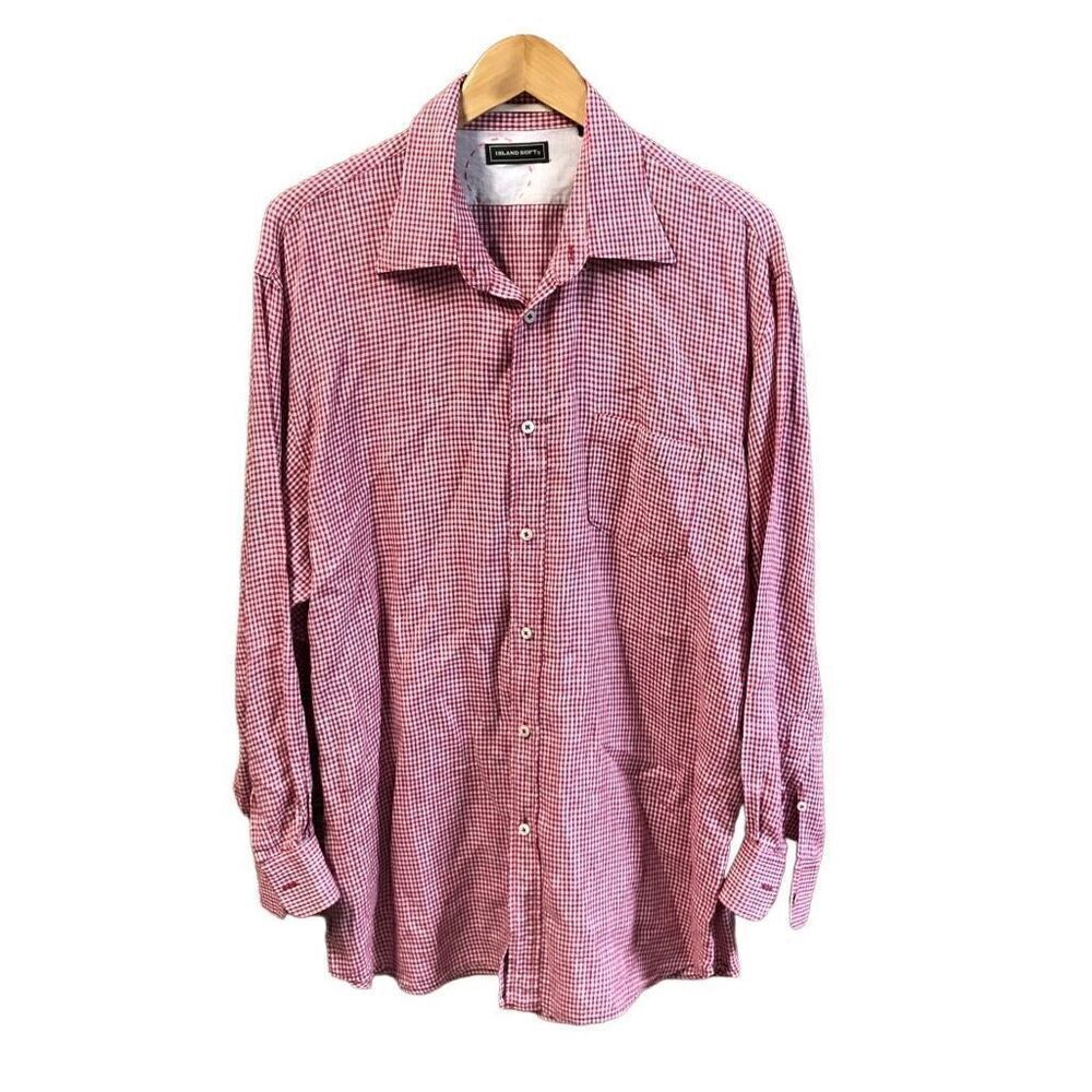 Island Soft 100% Linen Red and White Gingham Check Long Sleeve Button Shirt Extr